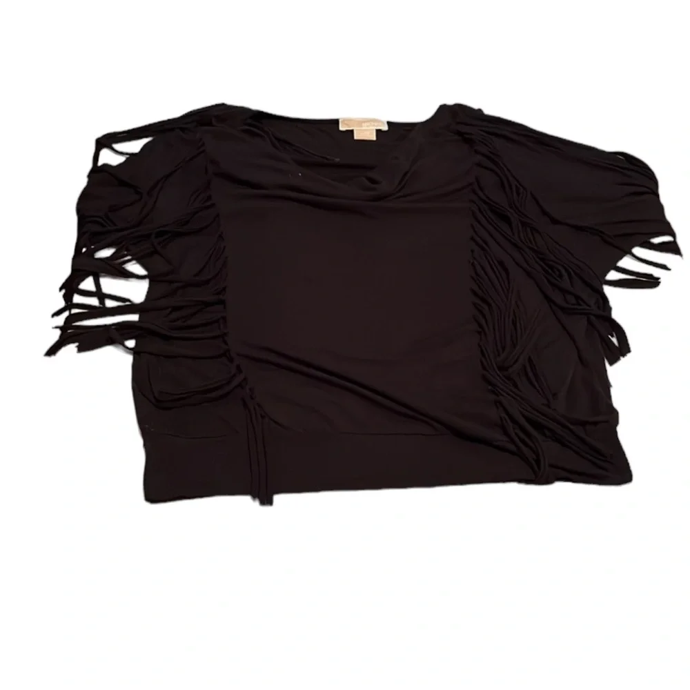 Micheal Kors size large black 3/4 sleeve fringe top ,draped neckline  banded hem